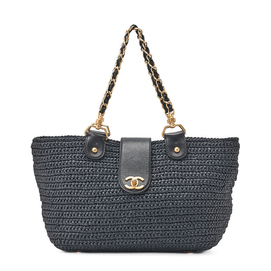 CHANEL Coco Mark Raffia x Leather Chain Tote Bag Turnlock Black Gold-Tone Hardware, Pre-Owned