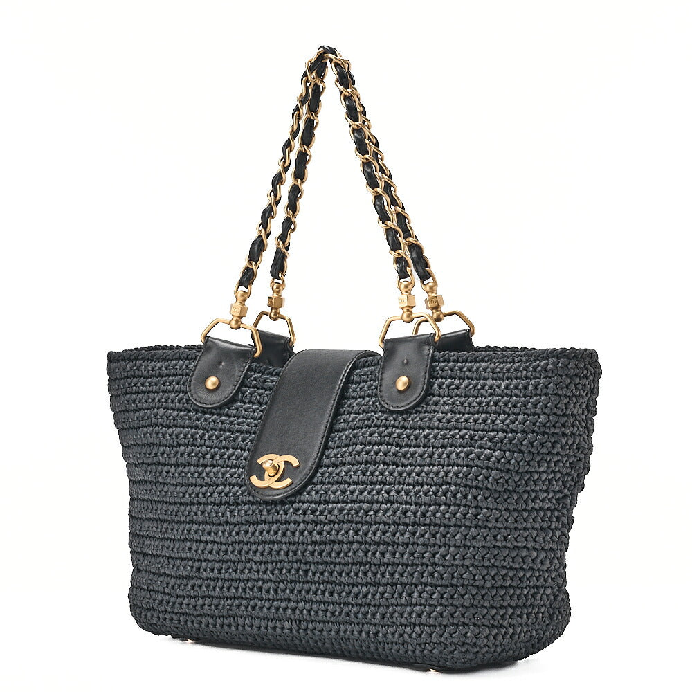 CHANEL Coco Mark Raffia x Leather Chain Tote Bag Turnlock Black Gold-Tone Hardware, Pre-Owned