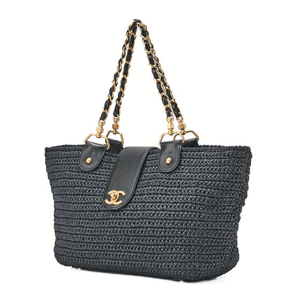CHANEL Coco Mark Raffia x Leather Chain Tote Bag Turnlock Black Gold-Tone Hardware, Pre-Owned