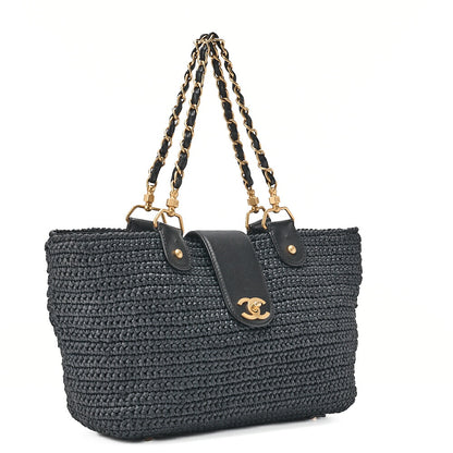 CHANEL Coco Mark Raffia x Leather Chain Tote Bag Turnlock Black Gold-Tone Hardware, Pre-Owned