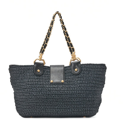 CHANEL Coco Mark Raffia x Leather Chain Tote Bag Turnlock Black Gold-Tone Hardware, Pre-Owned