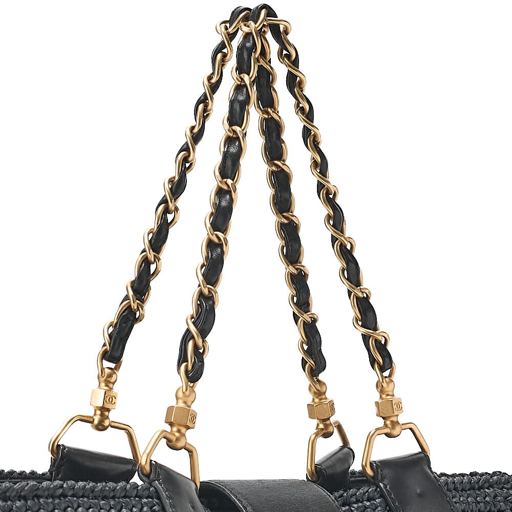 CHANEL Coco Mark Raffia x Leather Chain Tote Bag Turnlock Black Gold-Tone Hardware, Pre-Owned