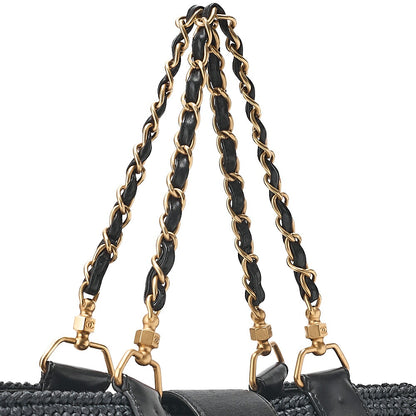CHANEL Coco Mark Raffia x Leather Chain Tote Bag Turnlock Black Gold-Tone Hardware, Pre-Owned