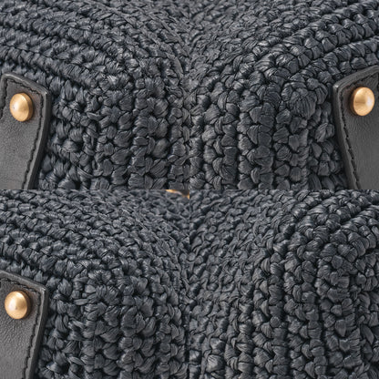 CHANEL Coco Mark Raffia x Leather Chain Tote Bag Turnlock Black Gold-Tone Hardware, Pre-Owned