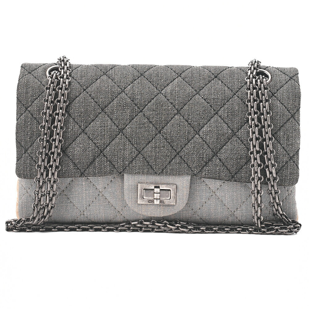 CHANEL Denim Double Flap 2.55 Matelasse Chain Shoulder Grey X Beige Silver-Tone Hardware, Pre-Owned