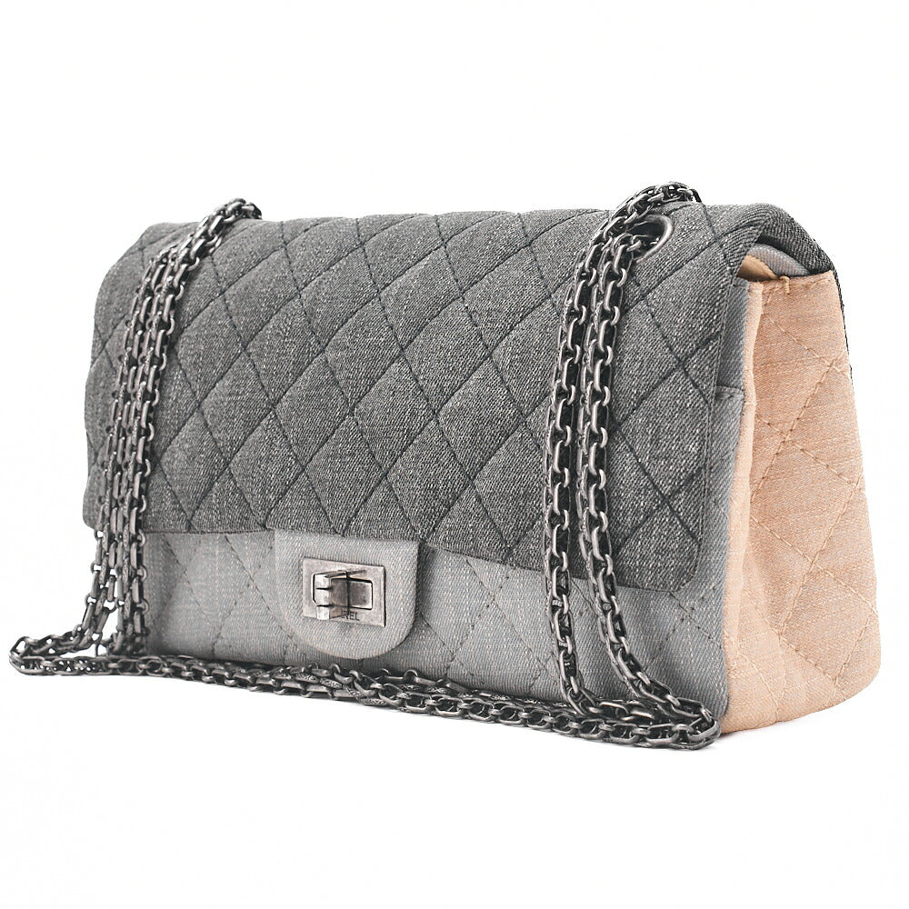 CHANEL Denim Double Flap 2.55 Matelasse Chain Shoulder Grey X Beige Silver-Tone Hardware, Pre-Owned