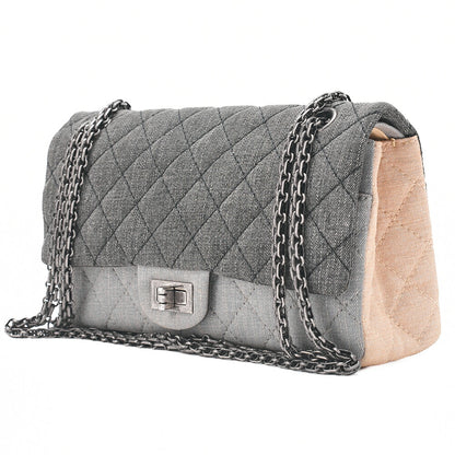 CHANEL Denim Double Flap 2.55 Matelasse Chain Shoulder Grey X Beige Silver-Tone Hardware, Pre-Owned