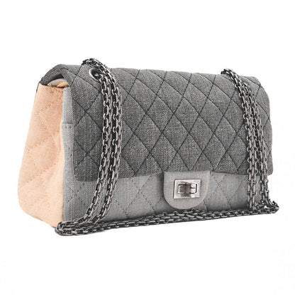CHANEL Denim Double Flap 2.55 Matelasse Chain Shoulder Grey X Beige Silver-Tone Hardware, Pre-Owned