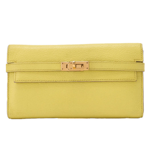HERMES Kelly Wallet Chevre 2-Fold Long Wallet Yellow Gold-Tone Hardware, Pre-Owned