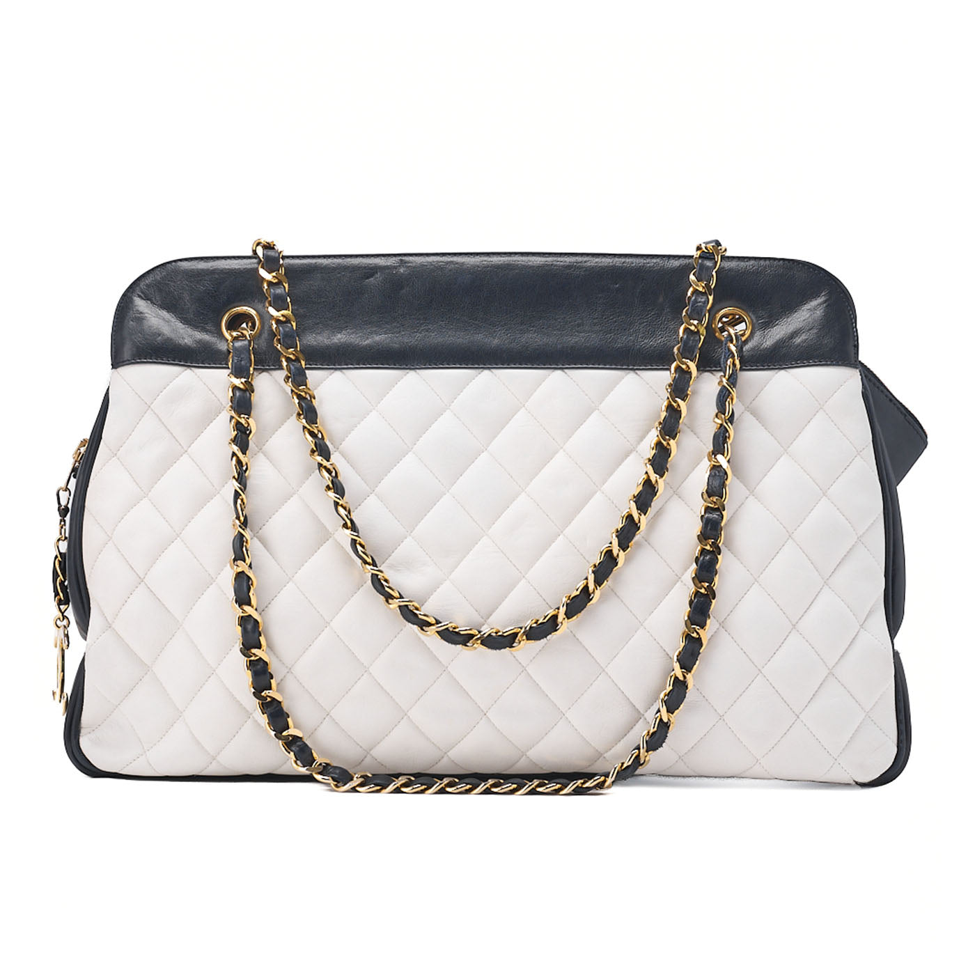 CHANEL Lambskin Matelasse Coco Charm Chain Tote Navy x White Gold-Tone Hardware, Pre-Owned