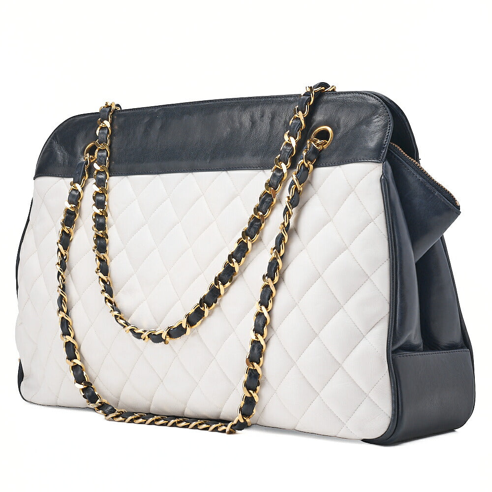 CHANEL Lambskin Matelasse Coco Charm Chain Tote Navy x White Gold-Tone Hardware, Pre-Owned