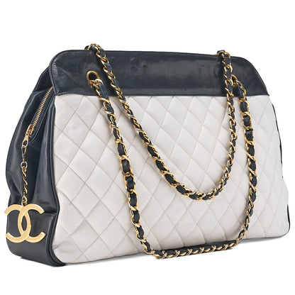 CHANEL Lambskin Matelasse Coco Charm Chain Tote Navy x White Gold-Tone Hardware, Pre-Owned