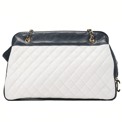 CHANEL Lambskin Matelasse Coco Charm Chain Tote Navy x White Gold-Tone Hardware, Pre-Owned