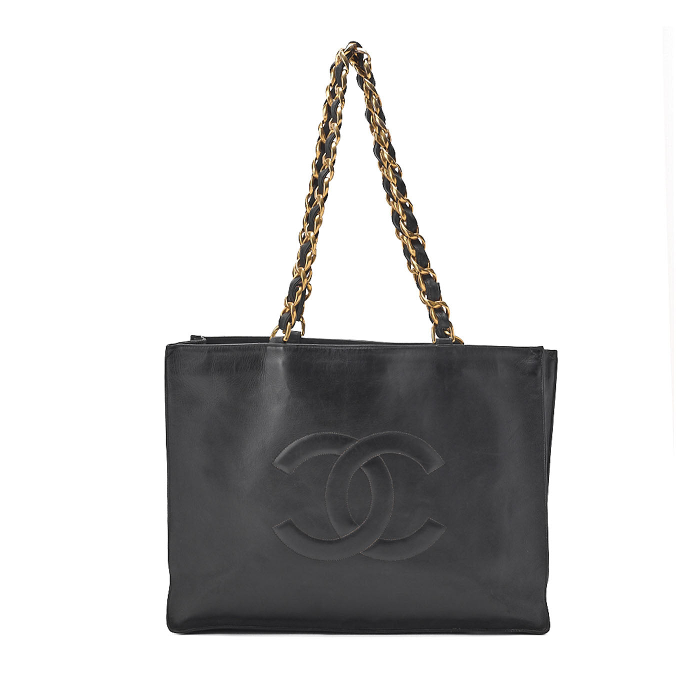 CHANEL Lambskin Big Coco Mark Giant Chain Tote Black Gold-Tone Hardware, Pre-Owned