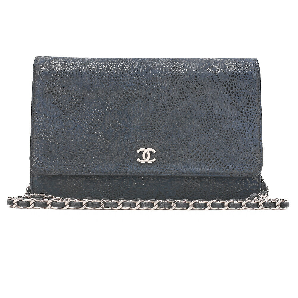 CHANEL Lace Ismore Chain Wallet Goat Skin Navy Silver-Tone Hardware, Pre-Owned