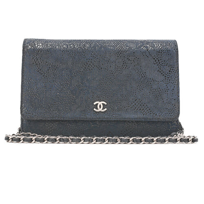 CHANEL Lace Ismore Chain Wallet Goat Skin Navy Silver-Tone Hardware, Pre-Owned