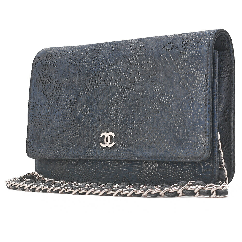 CHANEL Lace Ismore Chain Wallet Goat Skin Navy Silver-Tone Hardware, Pre-Owned