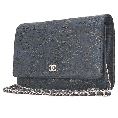 CHANEL Lace Ismore Chain Wallet Goat Skin Navy Silver-Tone Hardware, Pre-Owned