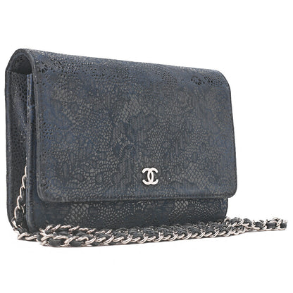 CHANEL Lace Ismore Chain Wallet Goat Skin Navy Silver-Tone Hardware, Pre-Owned