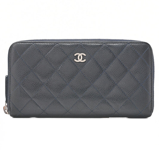 CHANEL Matelasse Round Long Wallet Caviar Skin Navy Silver-Tone Hardware, Pre-Owned