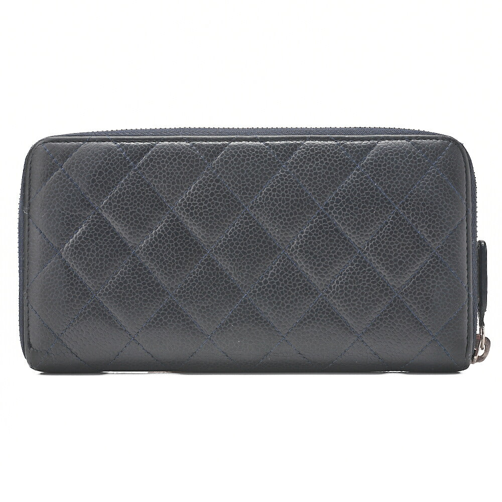 CHANEL Matelasse Round Long Wallet Caviar Skin Navy Silver-Tone Hardware, Pre-Owned