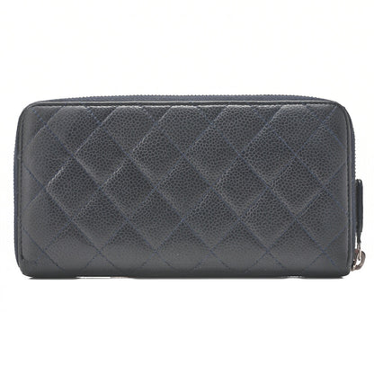 CHANEL Matelasse Round Long Wallet Caviar Skin Navy Silver-Tone Hardware, Pre-Owned