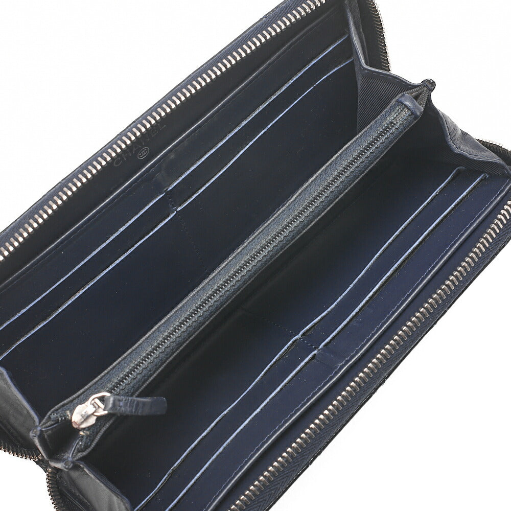 CHANEL Matelasse Round Long Wallet Caviar Skin Navy Silver-Tone Hardware, Pre-Owned