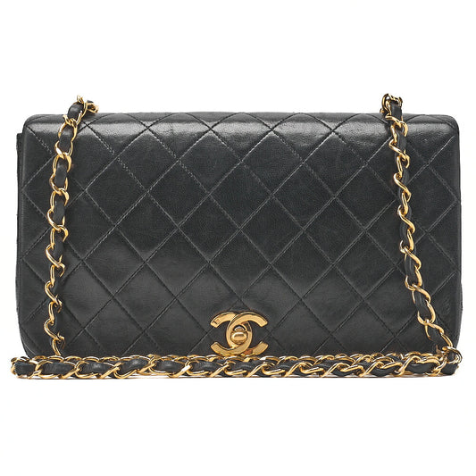 CHANEL Lambskin Matelasse Full Flap 23cm Chain Shoulder Black Gold-Tone Hardware, Pre-Owned