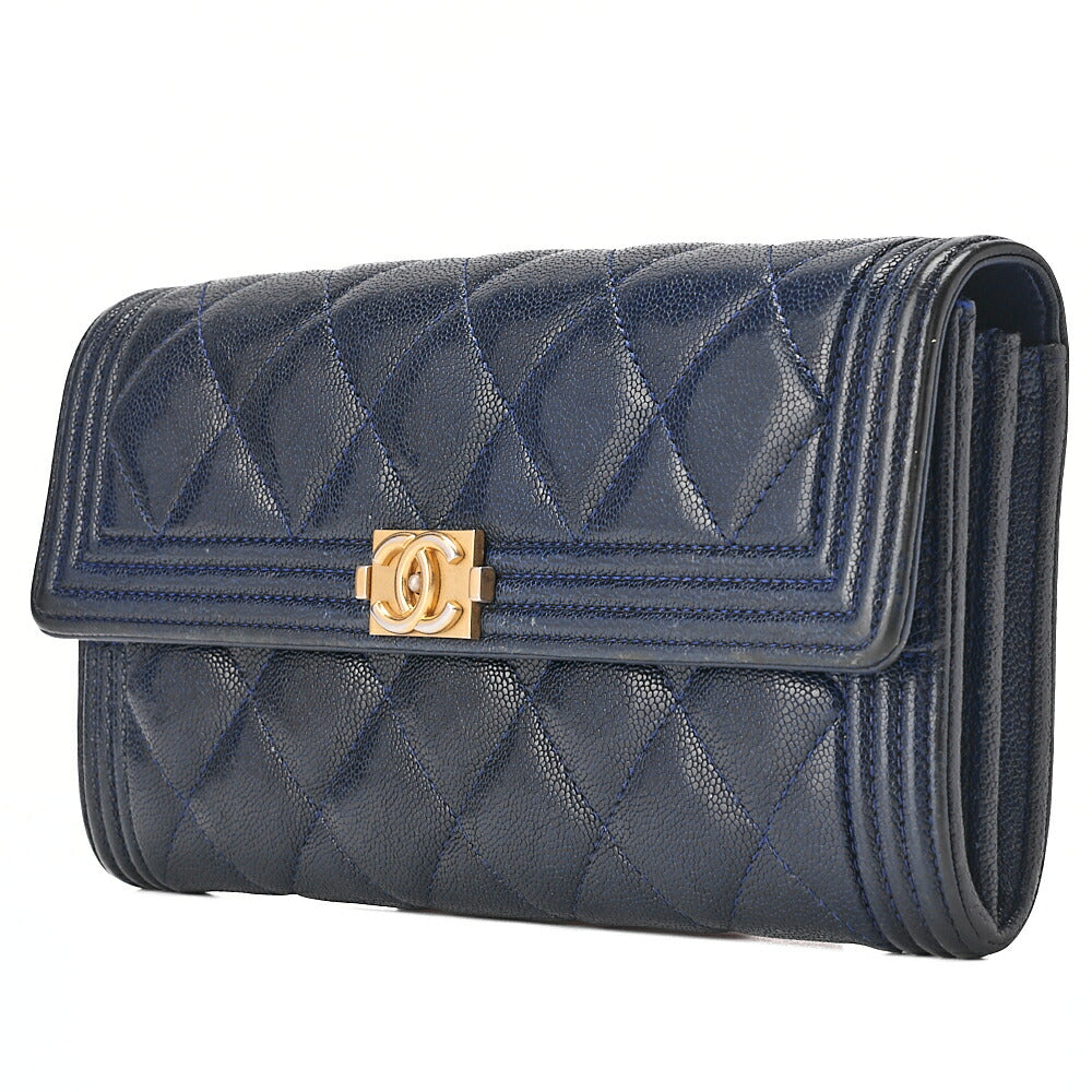 CHANEL Boy Chanel Matelasse Bi-fold Long Wallet Caviar Skin Navy Gold-Tone Hardware, Pre-Owned