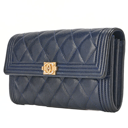CHANEL Boy Chanel Matelasse Bi-fold Long Wallet Caviar Skin Navy Gold-Tone Hardware, Pre-Owned