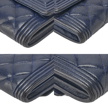 CHANEL Boy Chanel Matelasse Bi-fold Long Wallet Caviar Skin Navy Gold-Tone Hardware, Pre-Owned