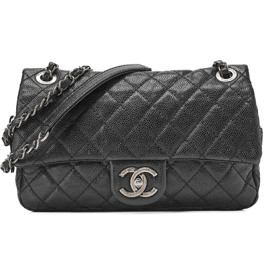 CHANEL Caviar Skin Matelasse 25cm Single Flap Chain Shoulder Black Silver-Tone Hardware, Pre-Owned