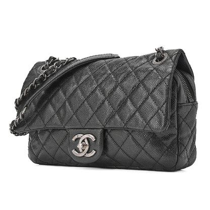 CHANEL Caviar Skin Matelasse 25cm Single Flap Chain Shoulder Black Silver-Tone Hardware, Pre-Owned