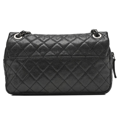CHANEL Caviar Skin Matelasse 25cm Single Flap Chain Shoulder Black Silver-Tone Hardware, Pre-Owned