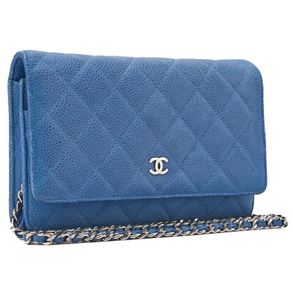 CHANEL Matelasse Chain Wallet Caviar Skin Blue Silver-Tone Hardware, Pre-Owned