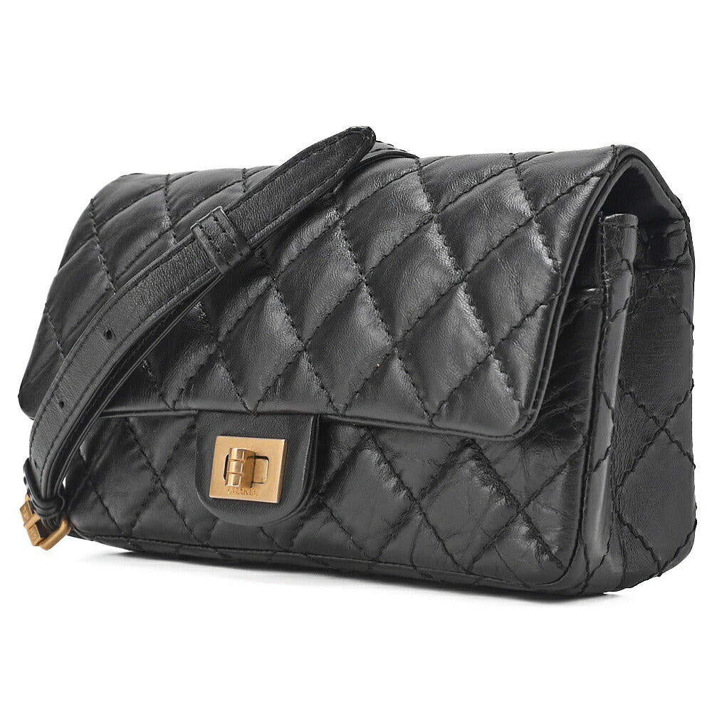 CHANEL Waist Pouch Matelasse 2.55 Lambskin Black Gold-Tone Hardware, Pre-Owned