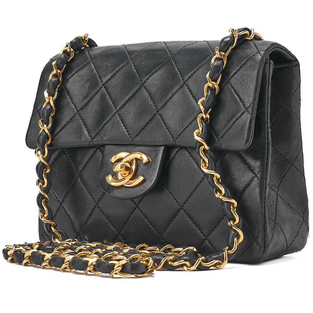 CHANEL Chain Shoulder Bag Mini Matlasse 17cm Lambskin Black Gold-Tone Hardware, Pre-Owned