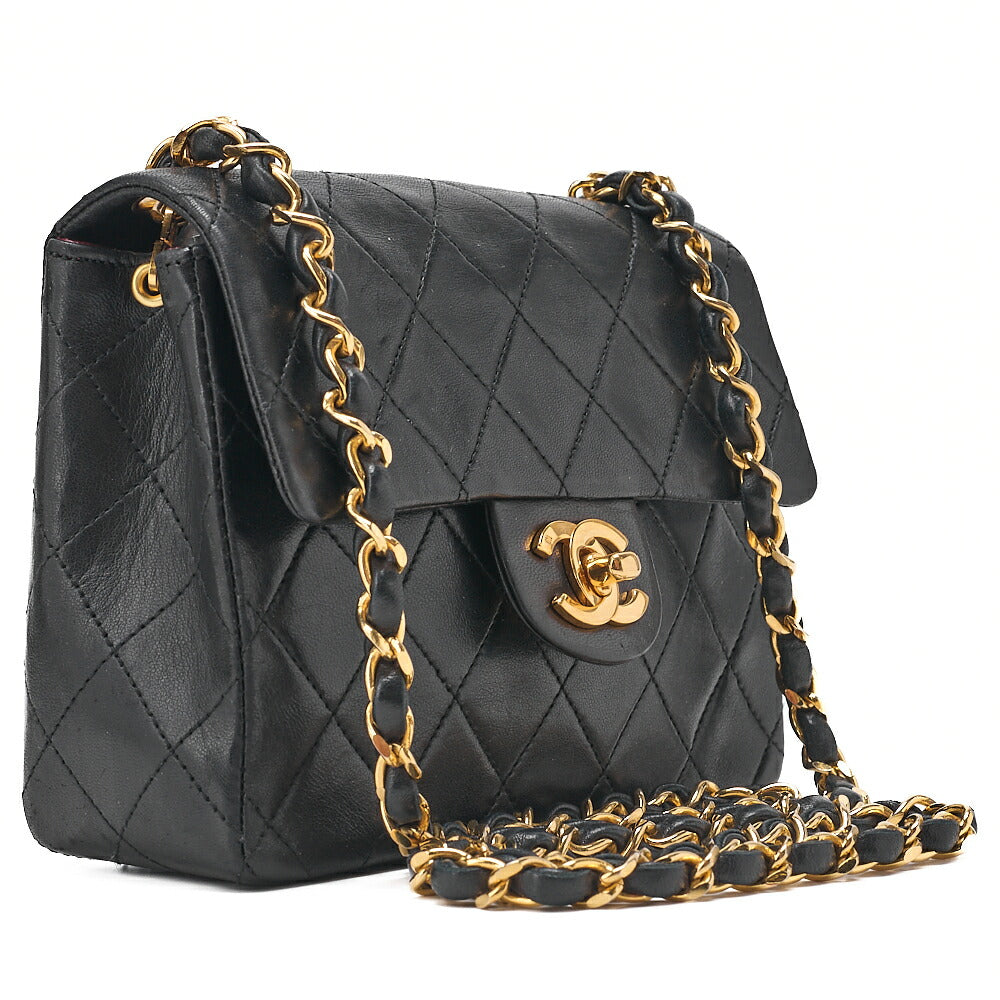 CHANEL Chain Shoulder Bag Mini Matlasse 17cm Lambskin Black Gold-Tone Hardware, Pre-Owned