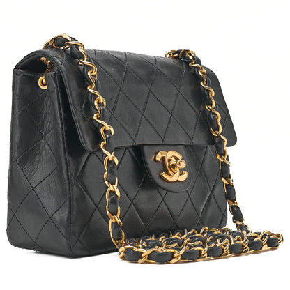 CHANEL Chain Shoulder Bag Mini Matlasse 17cm Lambskin Black Gold-Tone Hardware, Pre-Owned