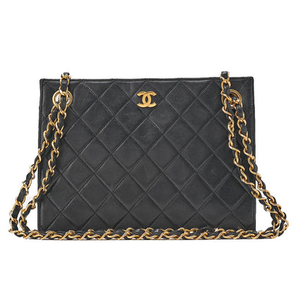 CHANEL Lambskin Matelasse Coco Mark Square W Chain Shoulder Black Gold-Tone Hardware, Pre-Owned