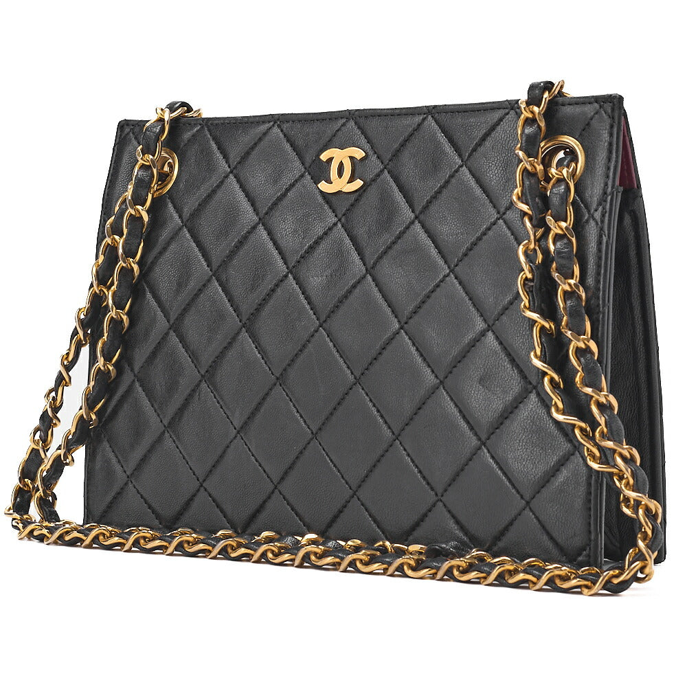 CHANEL Lambskin Matelasse Coco Mark Square W Chain Shoulder Black Gold-Tone Hardware, Pre-Owned