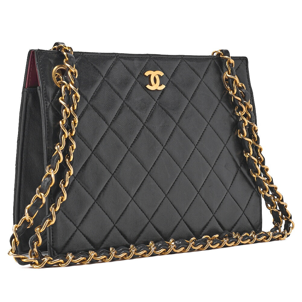 CHANEL Lambskin Matelasse Coco Mark Square W Chain Shoulder Black Gold-Tone Hardware, Pre-Owned