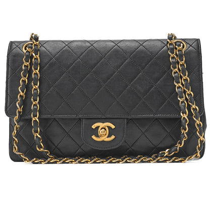 CHANEL Lambskin Matelasse W Straight Flap 25cm Chain Shoulder Black Gold-Tone Hardware, Pre-Owned