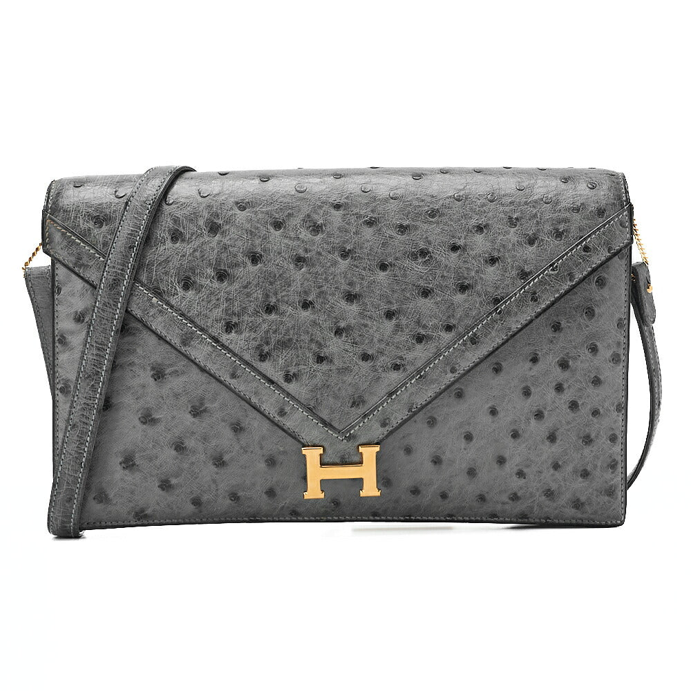 HERMES Hermes Reedy V-Flap Ostrich Shoulder Bag Gray Gold-Tone Hardware, Pre-Owned