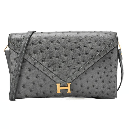 HERMES Hermes Reedy V-Flap Ostrich Shoulder Bag Gray Gold-Tone Hardware, Pre-Owned