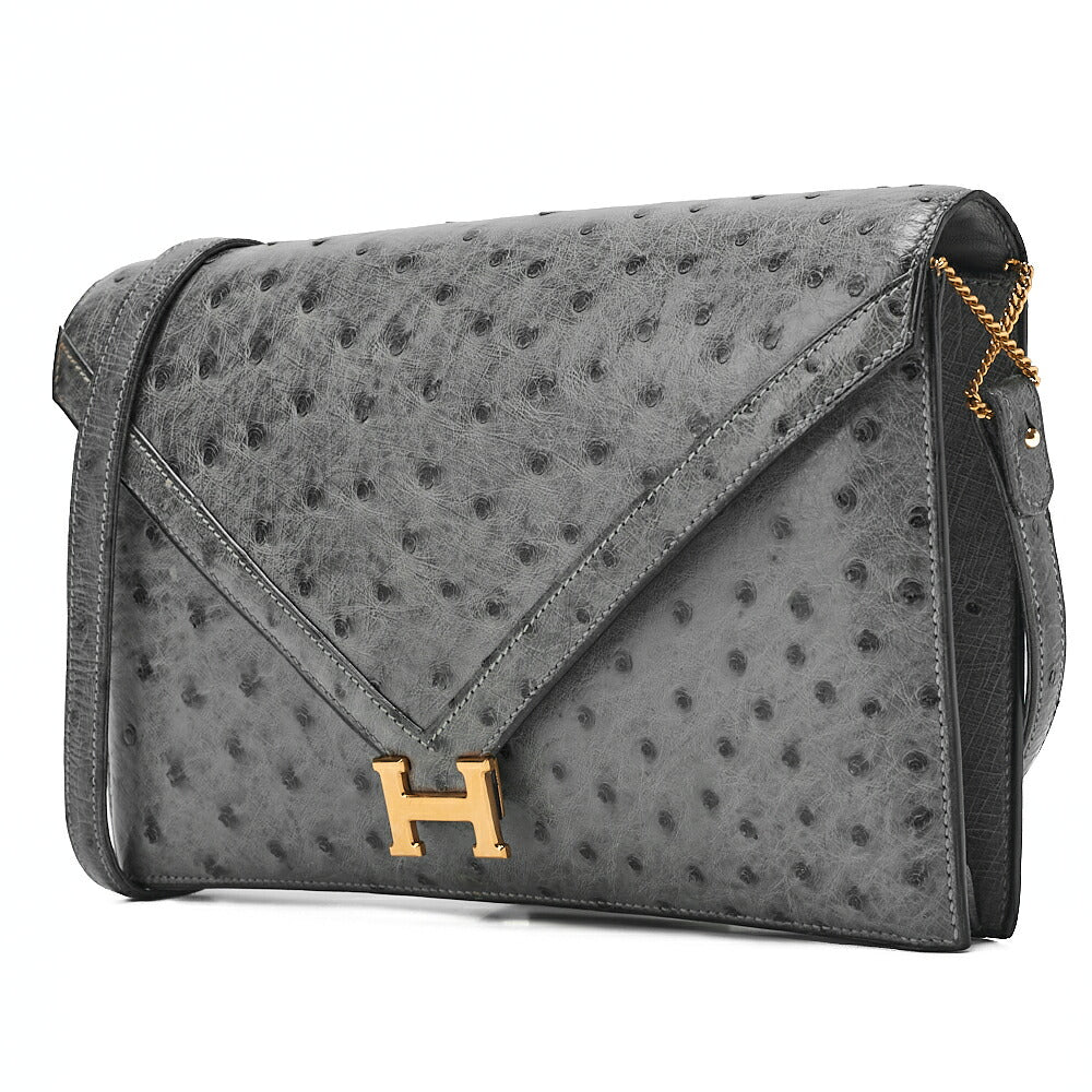 HERMES Hermes Reedy V-Flap Ostrich Shoulder Bag Gray Gold-Tone Hardware, Pre-Owned