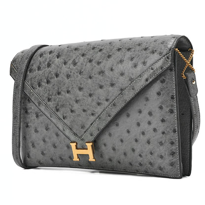 HERMES Hermes Reedy V-Flap Ostrich Shoulder Bag Gray Gold-Tone Hardware, Pre-Owned