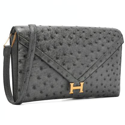 HERMES Hermes Reedy V-Flap Ostrich Shoulder Bag Gray Gold-Tone Hardware, Pre-Owned