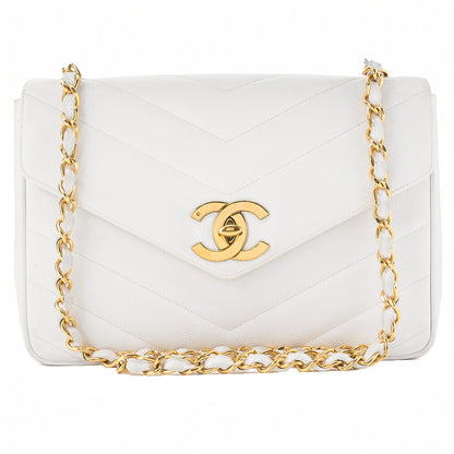CHANEL Caviar Skin Big Coco Single V-Stitch V-Flap Chain Shoulder White Gold-Tone Hardware, Pre-Owned