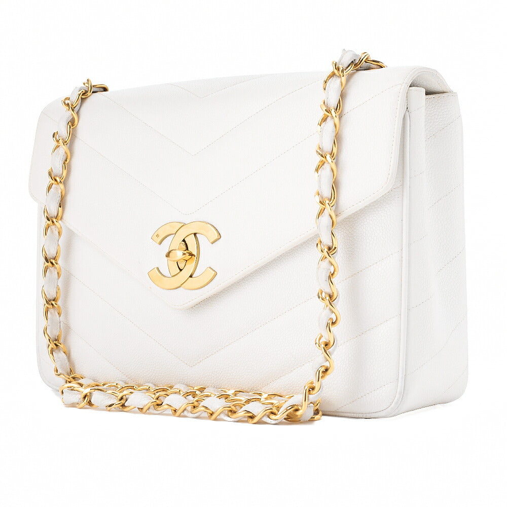 CHANEL Caviar Skin Big Coco Single V-Stitch V-Flap Chain Shoulder White Gold-Tone Hardware, Pre-Owned